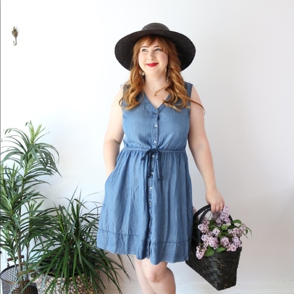 Denim Dress Tencel Drawstring Waist A Line Knee Length Pockets Casual Summer - Picture 2 of 8